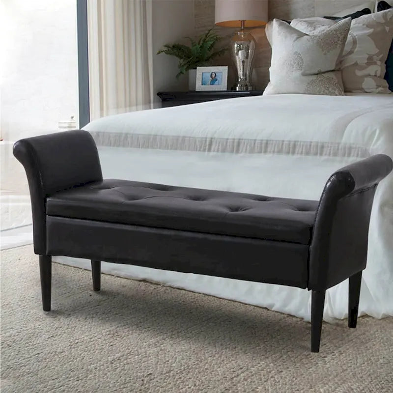 Banc-ottoman de rangement capitonné avec accoudoirs – Noir / Fauve / Bleu-vert / Gris, similicuir, 2 à 3 places