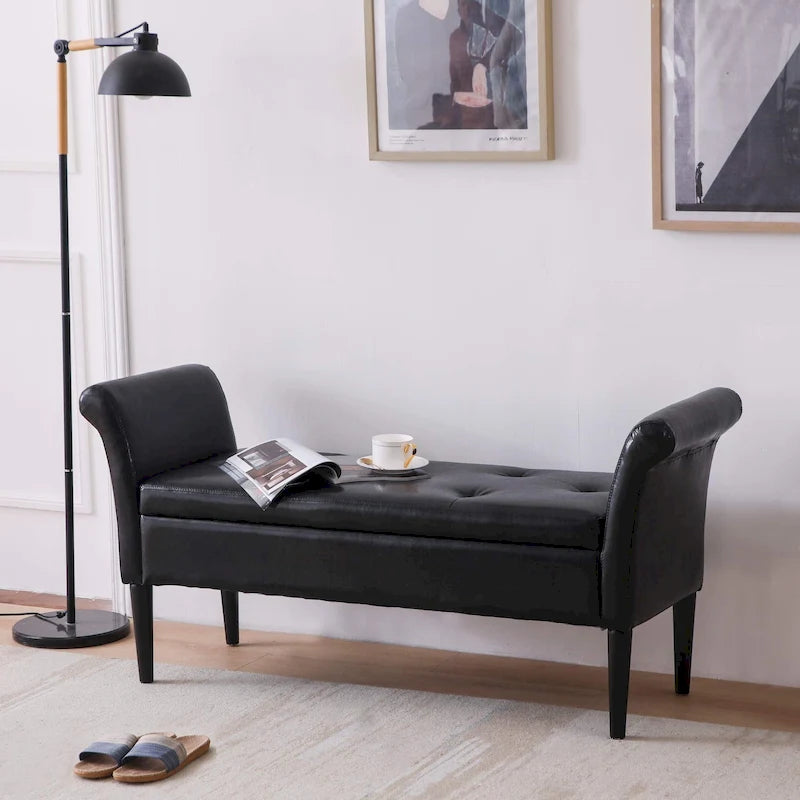 Banc-ottoman de rangement capitonné avec accoudoirs – Noir / Fauve / Bleu-vert / Gris, similicuir, 2 à 3 places