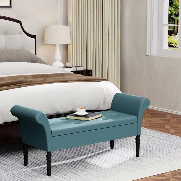 Banc-ottoman de rangement capitonné avec accoudoirs – Noir / Fauve / Bleu-vert / Gris, similicuir, 2 à 3 places