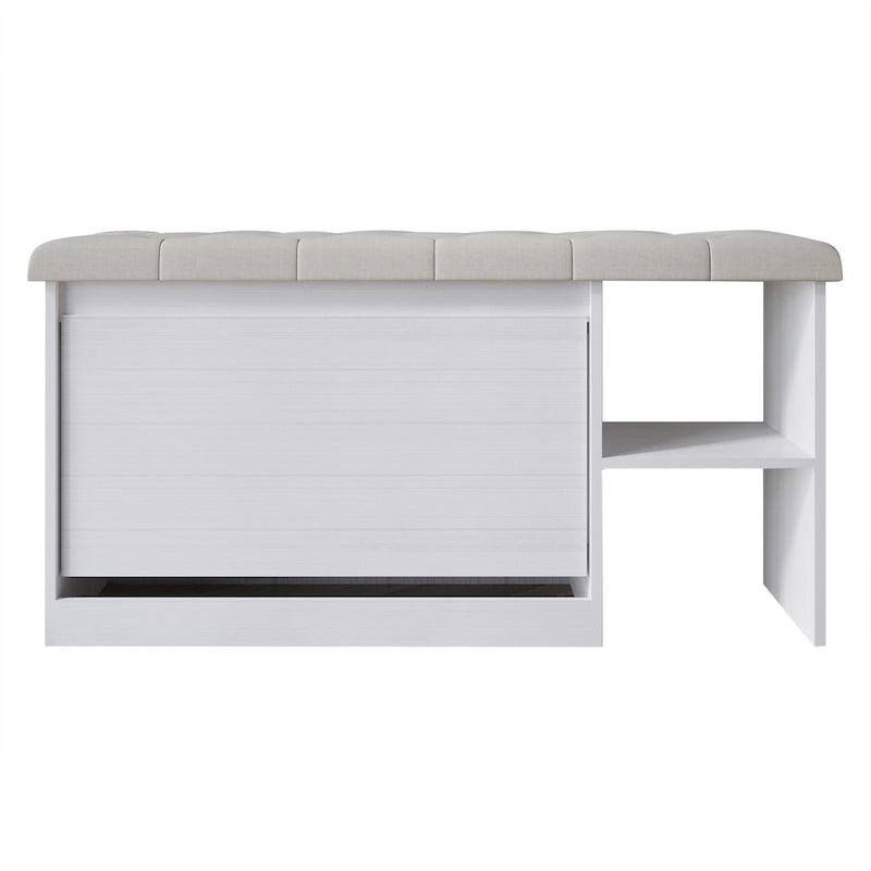 Banc à chaussures 3 niveaux avec tiroirs basculants – Blanc / Gris clair / Gris foncé, Dessus rembourré, 1 place assise