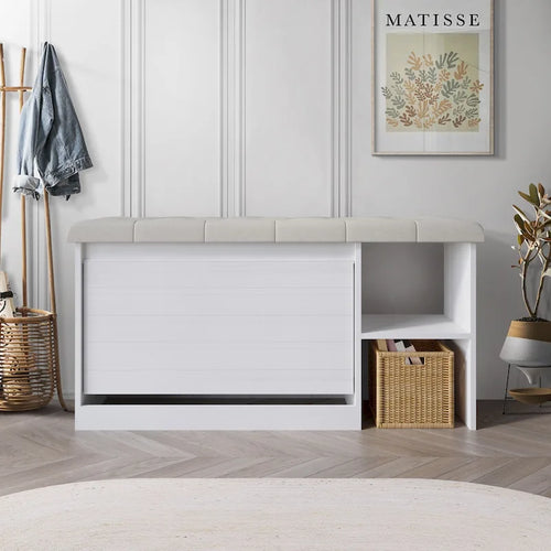 Banc à chaussures 3 niveaux avec tiroirs basculants – Blanc / Gris clair / Gris foncé, Dessus rembourré, 1 place assise