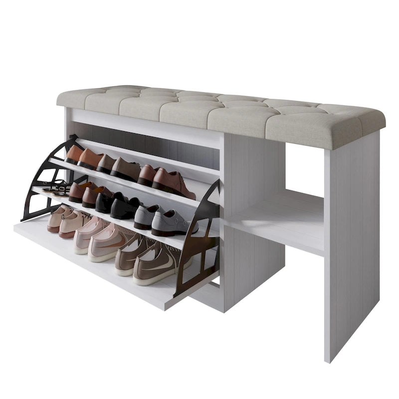 Banc à chaussures 3 niveaux avec tiroirs basculants – Blanc / Gris clair / Gris foncé, Dessus rembourré, 1 place assise