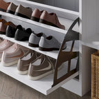Banc à chaussures 3 niveaux avec tiroirs basculants – Blanc / Gris clair / Gris foncé, Dessus rembourré, 1 place assise
