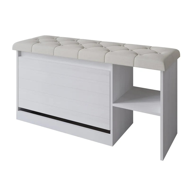 Banc à chaussures 3 niveaux avec tiroirs basculants – Blanc / Gris clair / Gris foncé, Dessus rembourré, 1 place assise