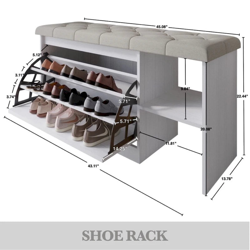 Banc à chaussures 3 niveaux avec tiroirs basculants – Blanc / Gris clair / Gris foncé, Dessus rembourré, 1 place assise