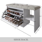 Banc à chaussures 3 niveaux avec tiroirs basculants – Blanc / Gris clair / Gris foncé, Dessus rembourré, 1 place assise