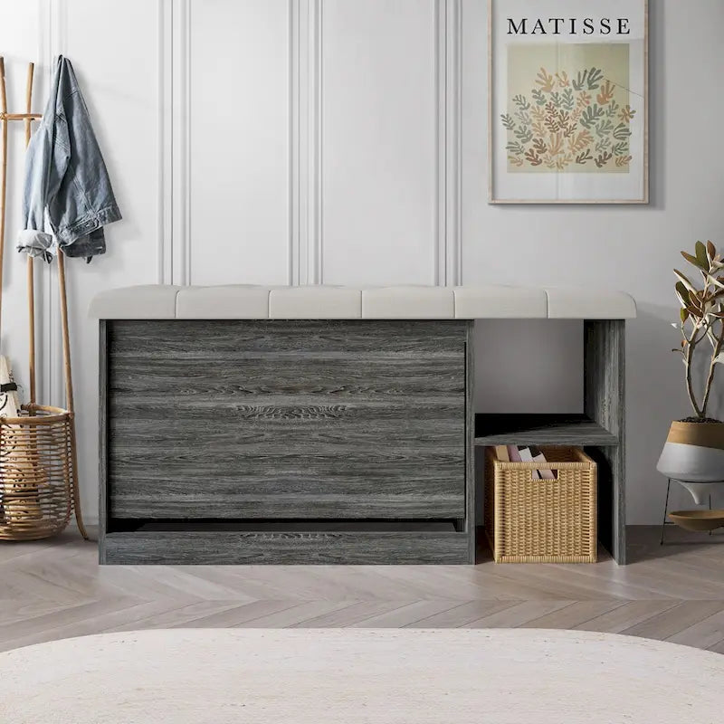 Banc à chaussures 3 niveaux avec tiroirs basculants – Blanc / Gris clair / Gris foncé, Dessus rembourré, 1 place assise