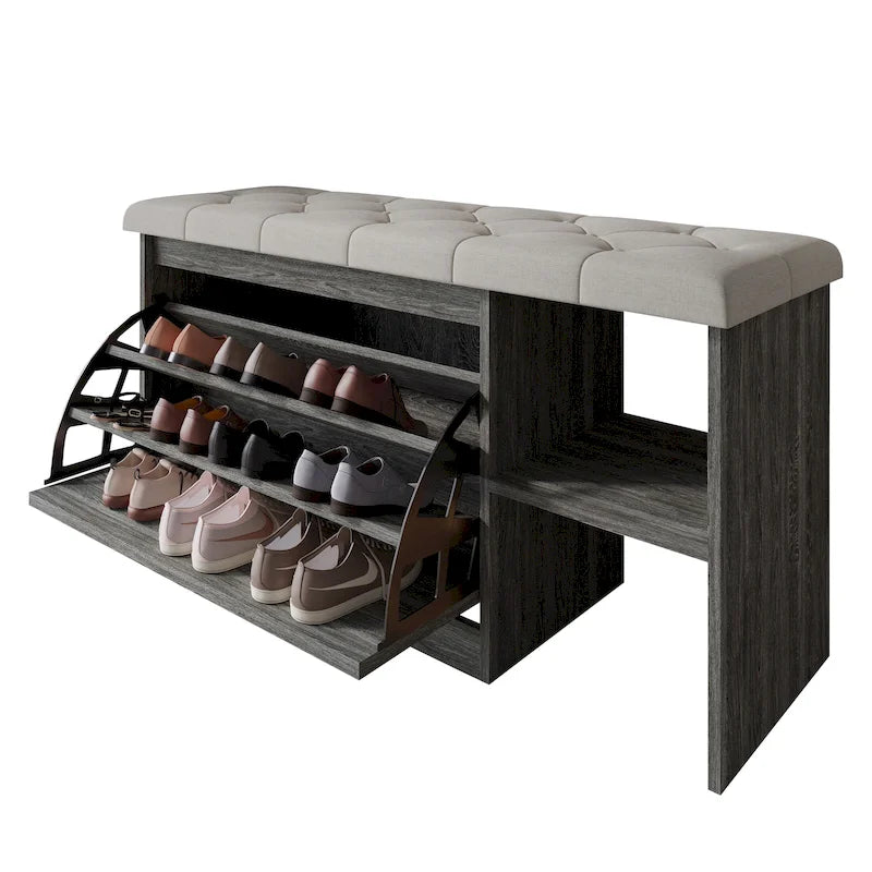 Banc à chaussures 3 niveaux avec tiroirs basculants – Blanc / Gris clair / Gris foncé, Dessus rembourré, 1 place assise