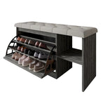 Banc à chaussures 3 niveaux avec tiroirs basculants – Blanc / Gris clair / Gris foncé, Dessus rembourré, 1 place assise