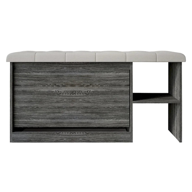 Banc à chaussures 3 niveaux avec tiroirs basculants – Blanc / Gris clair / Gris foncé, Dessus rembourré, 1 place assise