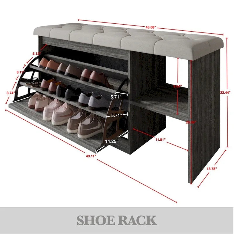 Banc à chaussures 3 niveaux avec tiroirs basculants – Blanc / Gris clair / Gris foncé, Dessus rembourré, 1 place assise