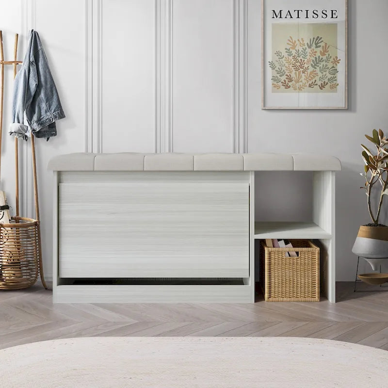 Banc à chaussures 3 niveaux avec tiroirs basculants – Blanc / Gris clair / Gris foncé, Dessus rembourré, 1 place assise