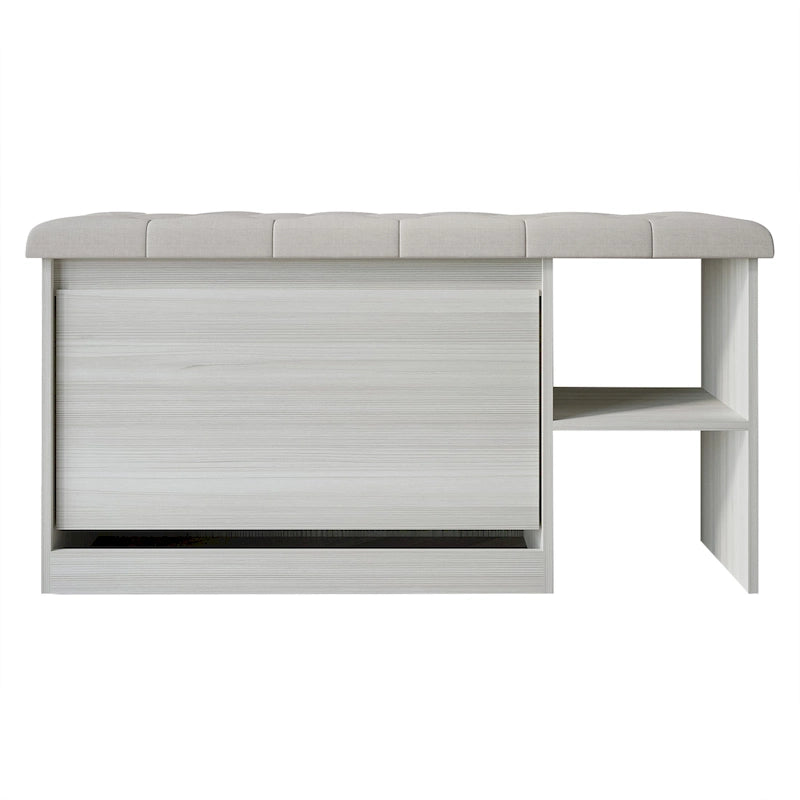 Banc à chaussures 3 niveaux avec tiroirs basculants – Blanc / Gris clair / Gris foncé, Dessus rembourré, 1 place assise