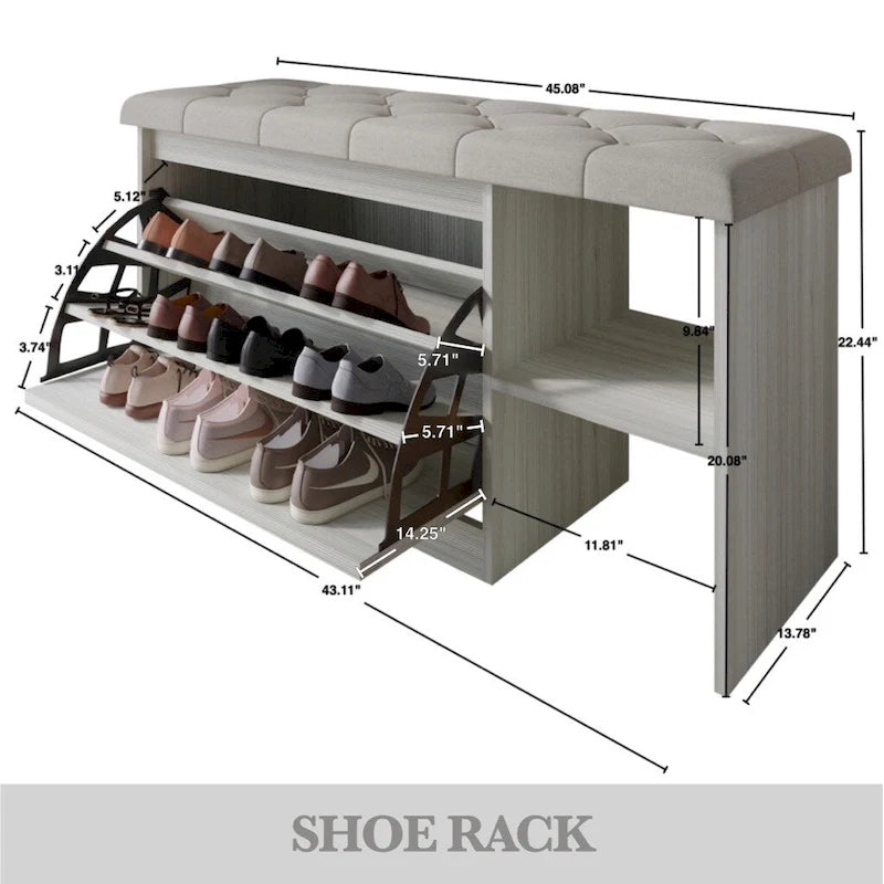 Banc à chaussures 3 niveaux avec tiroirs basculants – Blanc / Gris clair / Gris foncé, Dessus rembourré, 1 place assise
