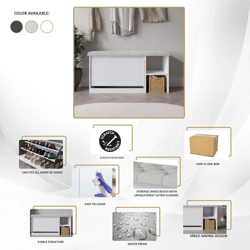 Banc à chaussures 3 niveaux avec tiroirs basculants – Blanc / Gris clair / Gris foncé, Dessus rembourré, 1 place assise