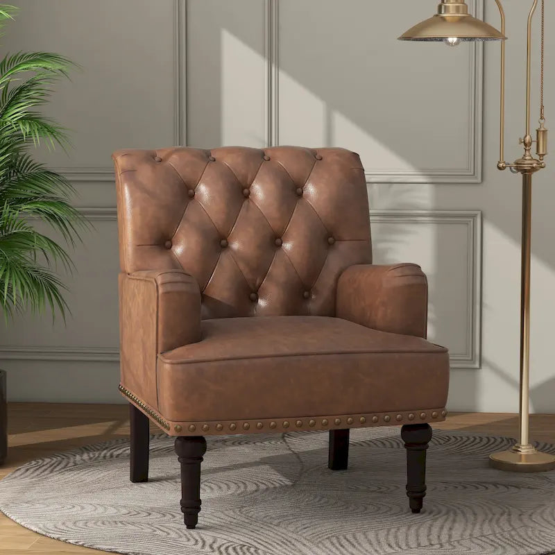 Fauteuil d'appoint en similicuir capitonné avec clous décoratifs – Beige / Marron / Noir, pieds sculptés, 1 place