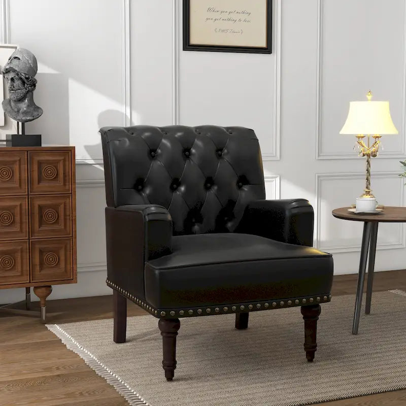 Fauteuil d'appoint en similicuir capitonné avec clous décoratifs – Beige / Marron / Noir, pieds sculptés, 1 place