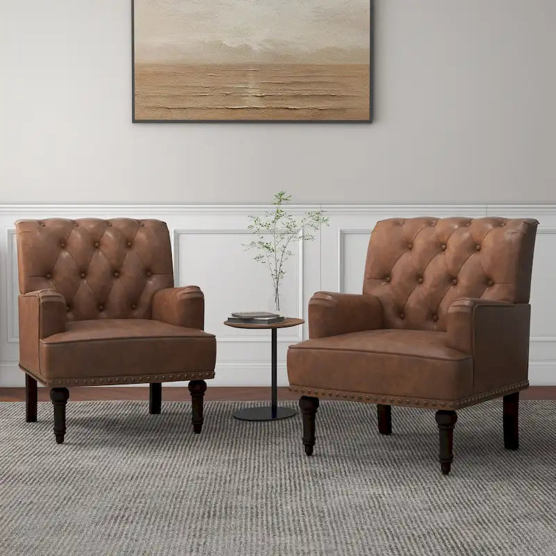 Fauteuil d'appoint en similicuir capitonné avec clous décoratifs – Beige / Marron / Noir, pieds sculptés, 1 place