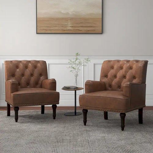 Fauteuil d'appoint en similicuir capitonné avec clous décoratifs – Beige / Marron / Noir, pieds sculptés, 1 place