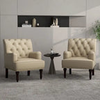 Fauteuil d'appoint en similicuir capitonné avec clous décoratifs – Beige / Marron / Noir, pieds sculptés, 1 place