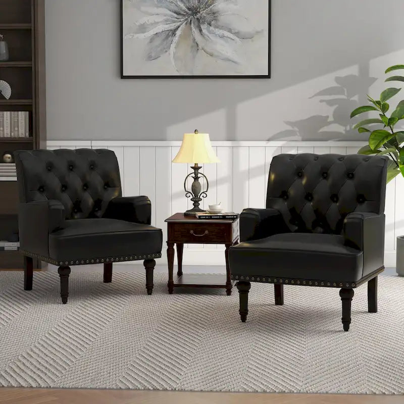Fauteuil d'appoint en similicuir capitonné avec clous décoratifs – Beige / Marron / Noir, pieds sculptés, 1 place