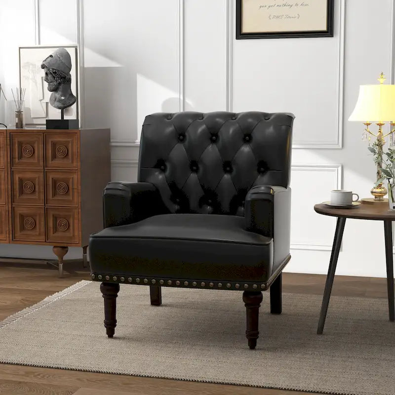 Fauteuil d'appoint en similicuir capitonné avec clous décoratifs – Beige / Marron / Noir, pieds sculptés, 1 place