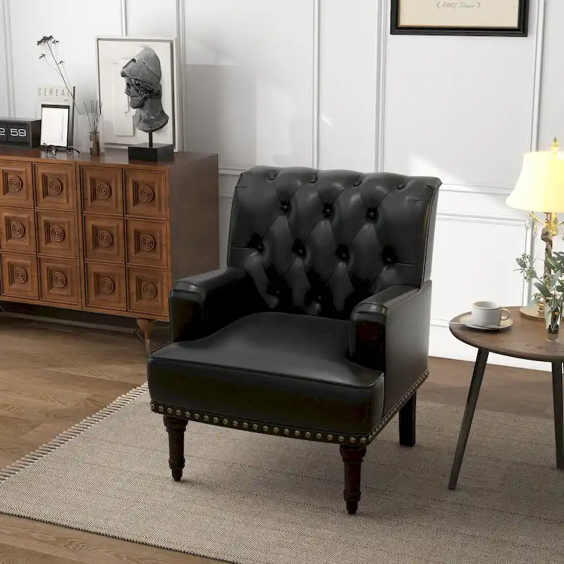 Fauteuil d'appoint en similicuir capitonné avec clous décoratifs – Beige / Marron / Noir, pieds sculptés, 1 place