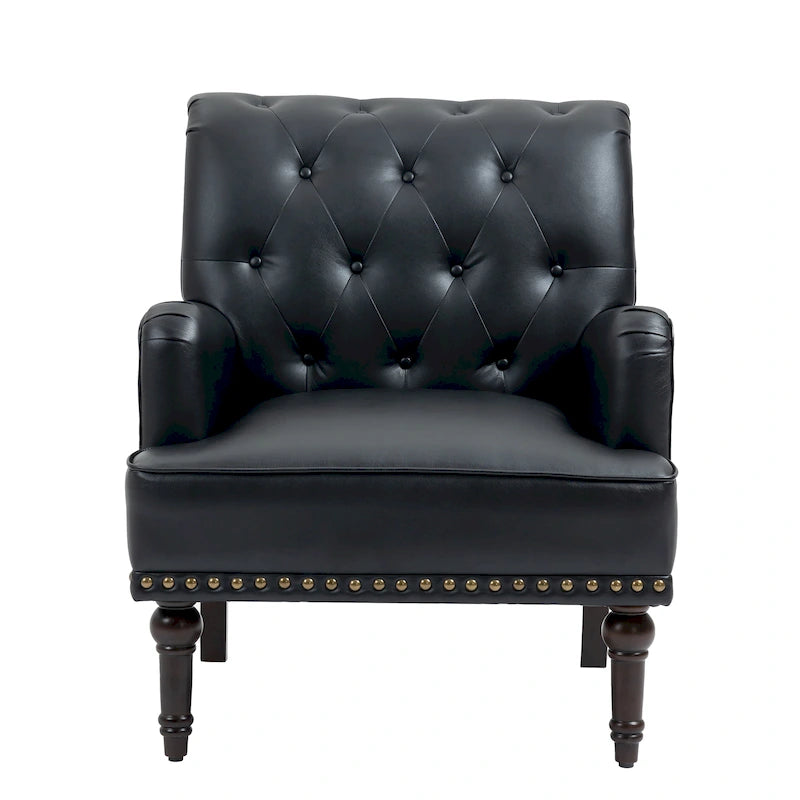 Fauteuil d'appoint en similicuir capitonné avec clous décoratifs – Beige / Marron / Noir, pieds sculptés, 1 place