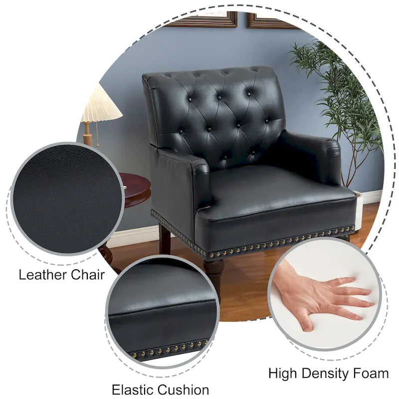 Fauteuil d'appoint en similicuir capitonné avec clous décoratifs – Beige / Marron / Noir, pieds sculptés, 1 place
