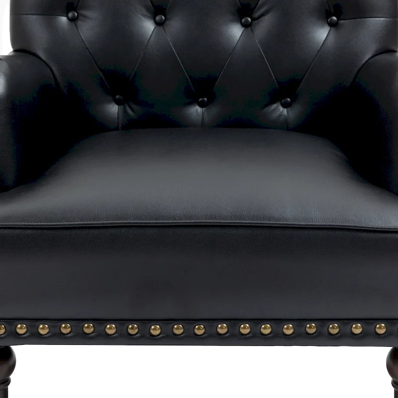Fauteuil d'appoint en similicuir capitonné avec clous décoratifs – Beige / Marron / Noir, pieds sculptés, 1 place