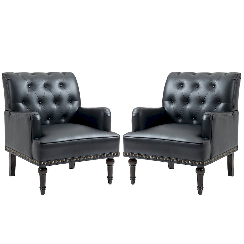Fauteuil d'appoint en similicuir capitonné avec clous décoratifs – Beige / Marron / Noir, pieds sculptés, 1 place