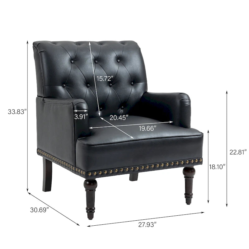 Fauteuil d'appoint en similicuir capitonné avec clous décoratifs – Beige / Marron / Noir, pieds sculptés, 1 place