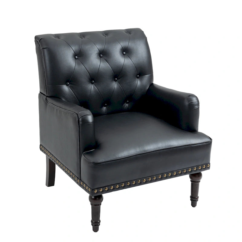 Fauteuil d'appoint en similicuir capitonné avec clous décoratifs – Beige / Marron / Noir, pieds sculptés, 1 place
