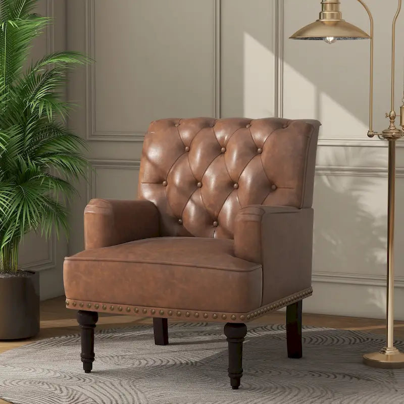 Fauteuil d'appoint en similicuir capitonné avec clous décoratifs – Beige / Marron / Noir, pieds sculptés, 1 place
