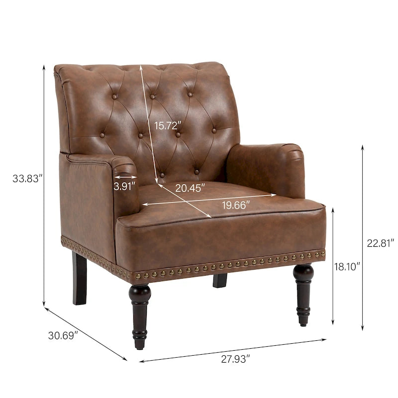 Fauteuil d'appoint en similicuir capitonné avec clous décoratifs – Beige / Marron / Noir, pieds sculptés, 1 place