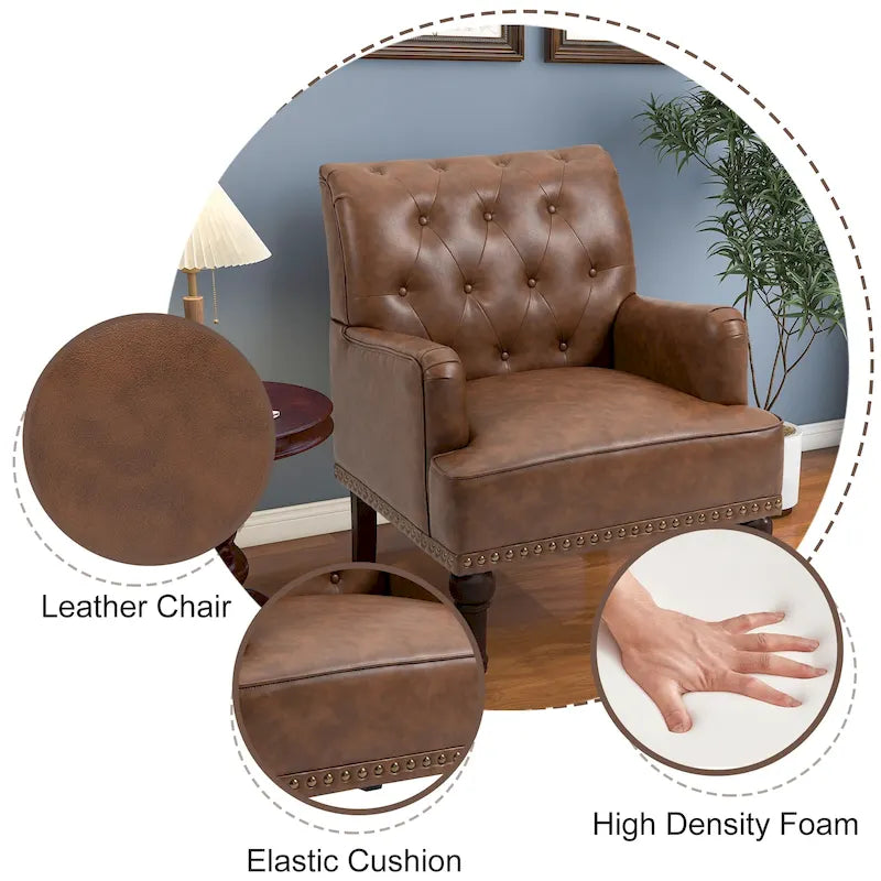 Fauteuil d'appoint en similicuir capitonné avec clous décoratifs – Beige / Marron / Noir, pieds sculptés, 1 place