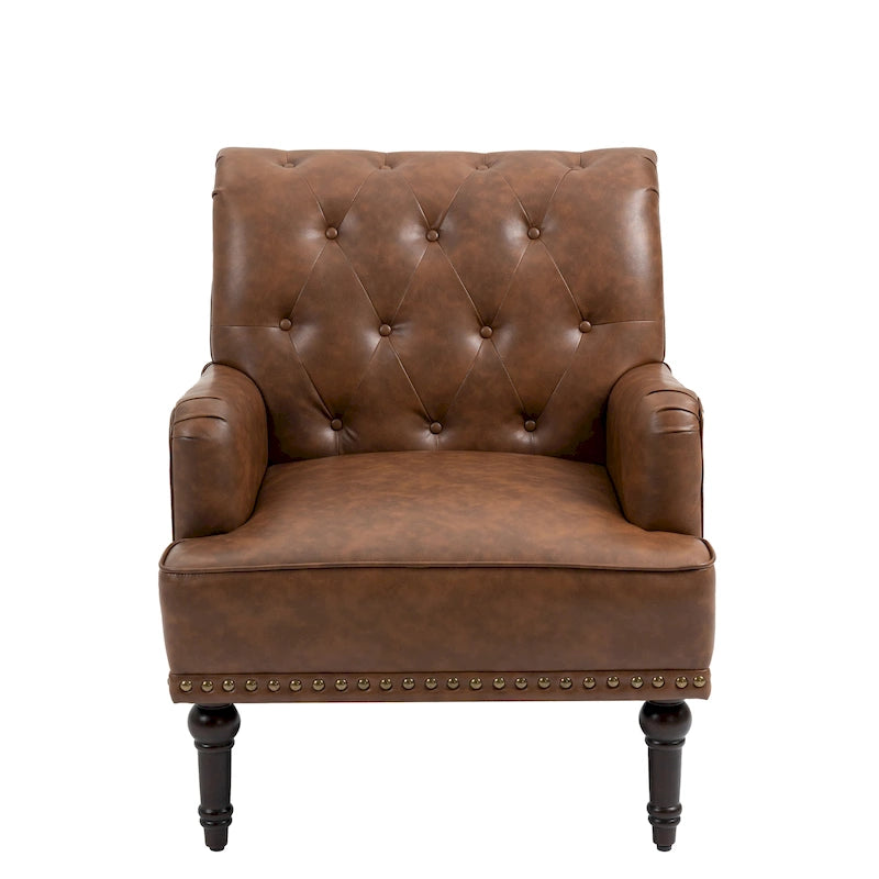 Fauteuil d'appoint en similicuir capitonné avec clous décoratifs – Beige / Marron / Noir, pieds sculptés, 1 place