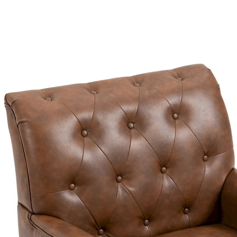 Fauteuil d'appoint en similicuir capitonné avec clous décoratifs – Beige / Marron / Noir, pieds sculptés, 1 place