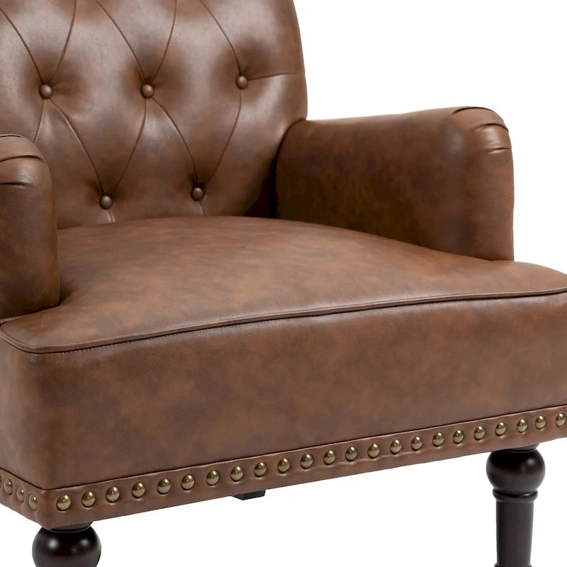Fauteuil d'appoint en similicuir capitonné avec clous décoratifs – Beige / Marron / Noir, pieds sculptés, 1 place
