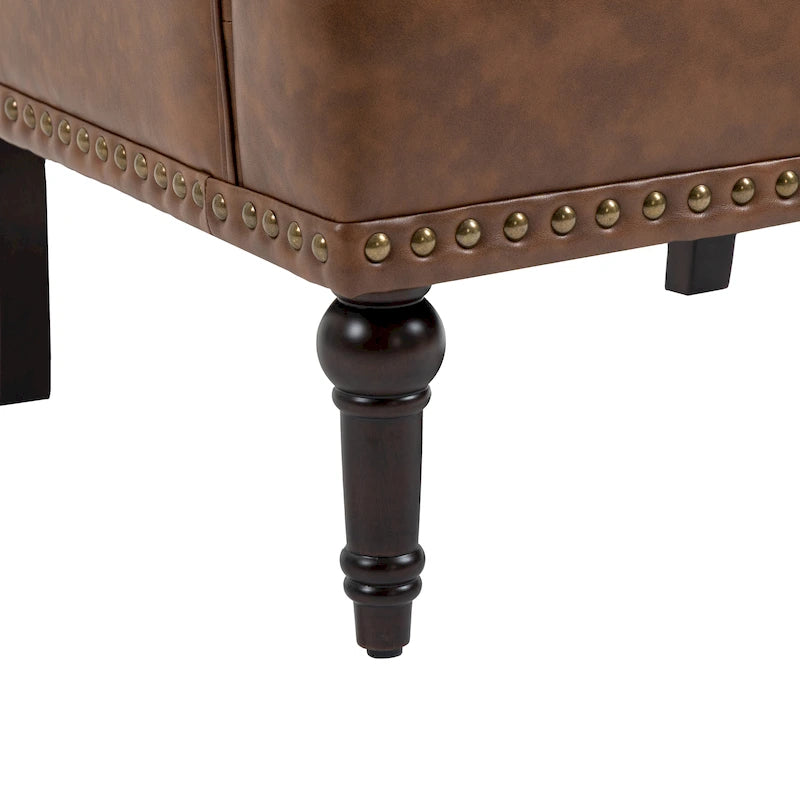Fauteuil d'appoint en similicuir capitonné avec clous décoratifs – Beige / Marron / Noir, pieds sculptés, 1 place