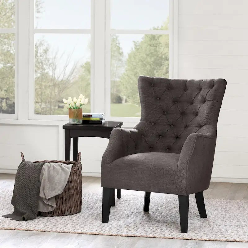 Fauteuil à dossier capitonné à oreilles à chevrons – Marron/Noir / Ivoire, pieds en bouleau, 1 place