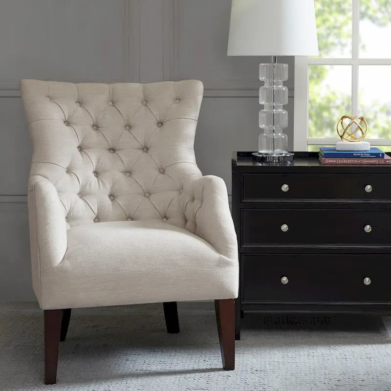 Fauteuil à dossier capitonné à oreilles à chevrons – Marron/Noir / Ivoire, pieds en bouleau, 1 place
