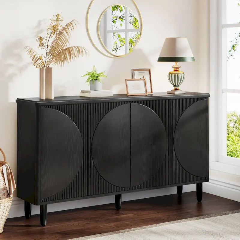 Buffet moderne avec portes-poussoirs – Marron / Noir / Blanc, étagères intérieures