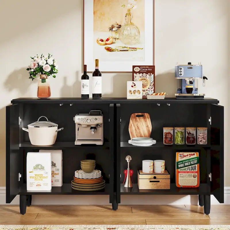 Buffet moderne avec portes-poussoirs – Marron / Noir / Blanc, étagères intérieures