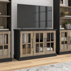 Meuble TV de ferme avec portes en verre – Noir/Tan vintage / Frêne blanc, convient jusqu'à 65 po