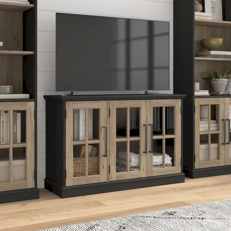 Meuble TV de ferme avec portes en verre – Noir/Tan vintage / Frêne blanc, convient jusqu'à 65 po