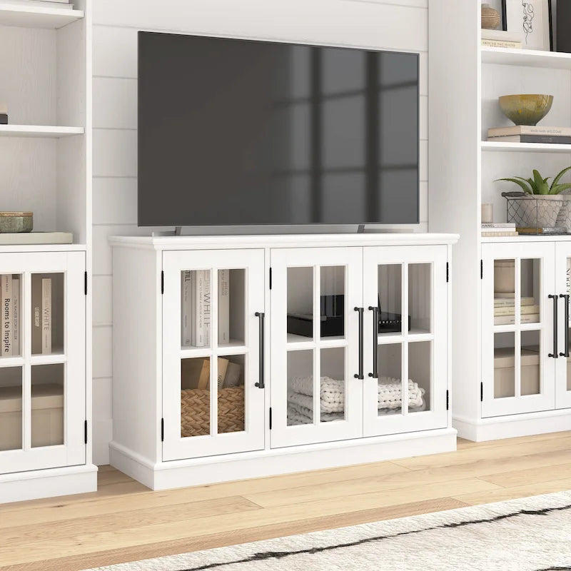 Meuble TV de ferme avec portes en verre – Noir/Tan vintage / Frêne blanc, convient jusqu'à 65 po