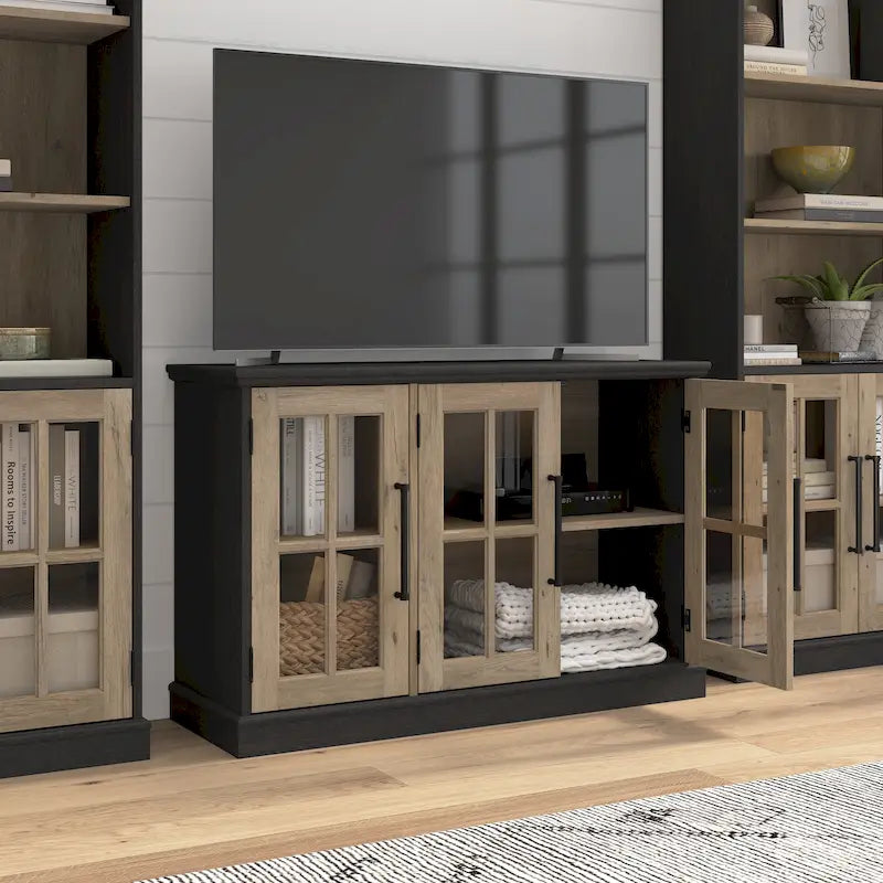 Meuble TV de ferme avec portes en verre – Noir/Tan vintage / Frêne blanc, convient jusqu'à 65 po