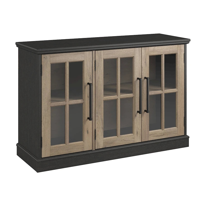 Meuble TV de ferme avec portes en verre – Noir/Tan vintage / Frêne blanc, convient jusqu'à 65 po