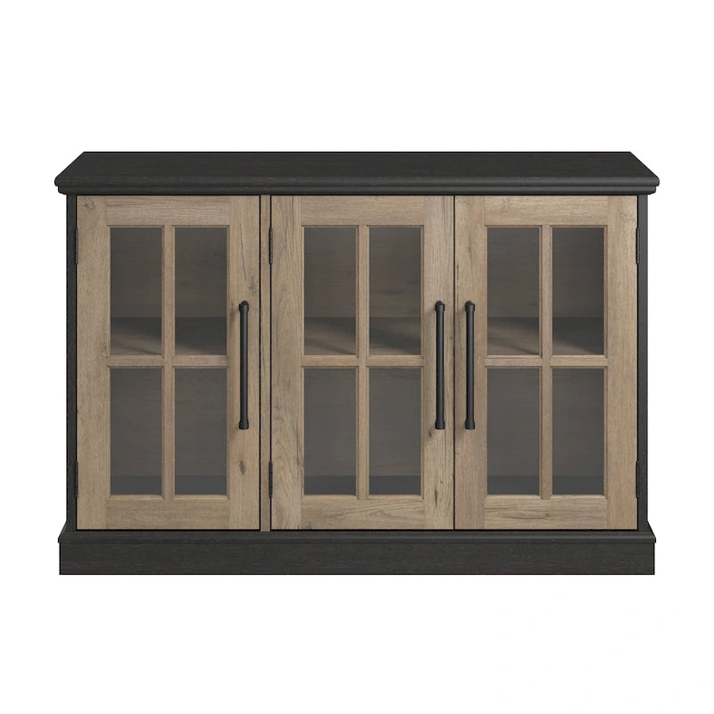 Meuble TV de ferme avec portes en verre – Noir/Tan vintage / Frêne blanc, convient jusqu'à 65 po